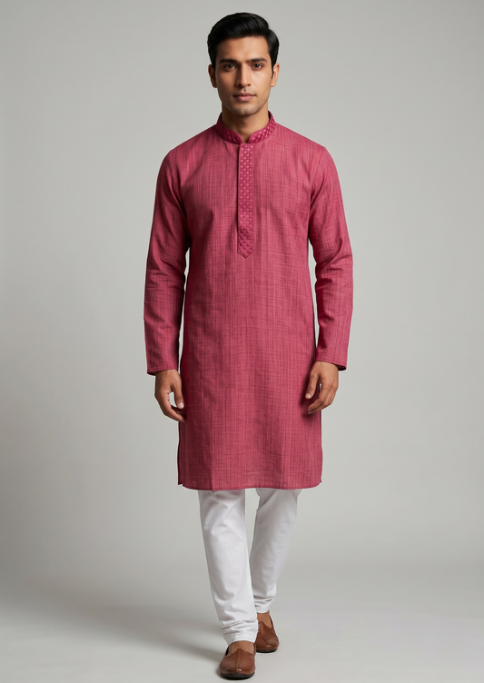 Dark Pink Kurta with Intricate Embroidered Placket