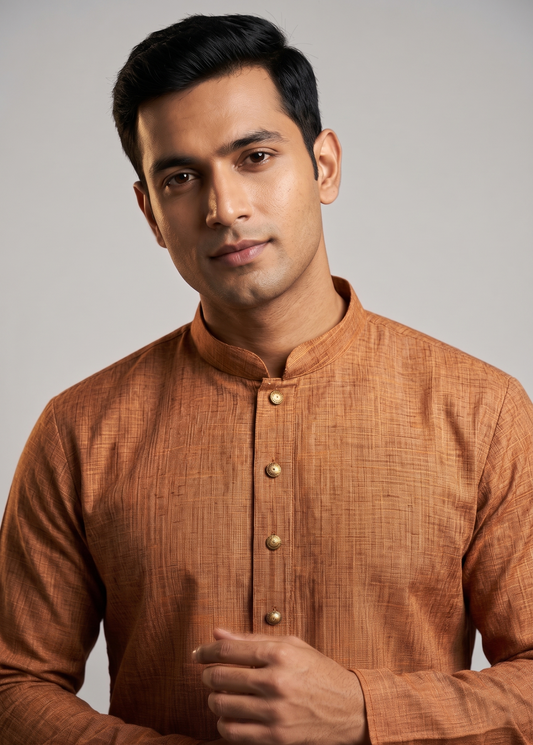 Rust Minimalist Kurta with Ornate Metallic Buttons