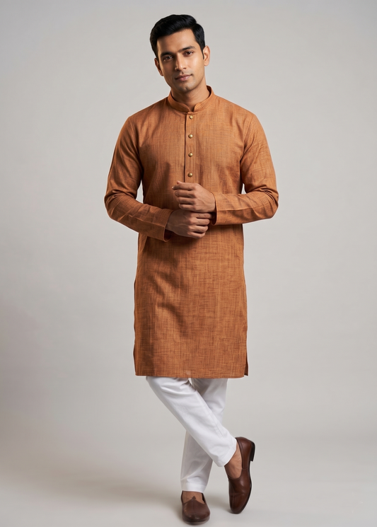 Rust Minimalist Kurta with Ornate Metallic Buttons
