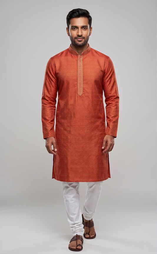 Orange Jacquard Festive Kurta with Embroidered Placket