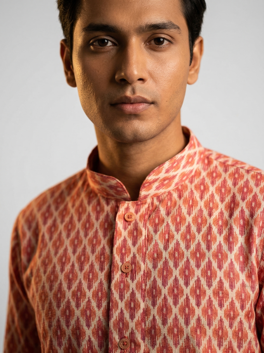 Pink Terracotta Geometric Ikat-Print Kurta Set
