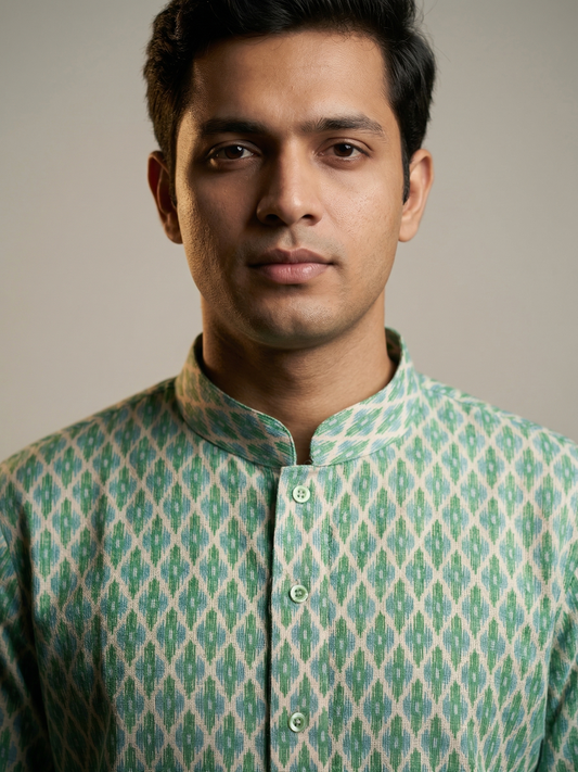 Green Geometric Ikat-Print Kurta Set