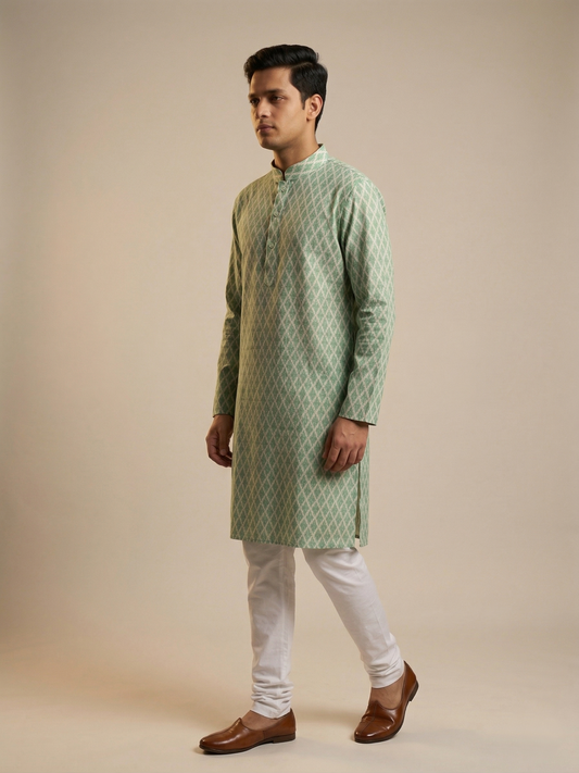 Green Geometric Ikat-Print Kurta Set