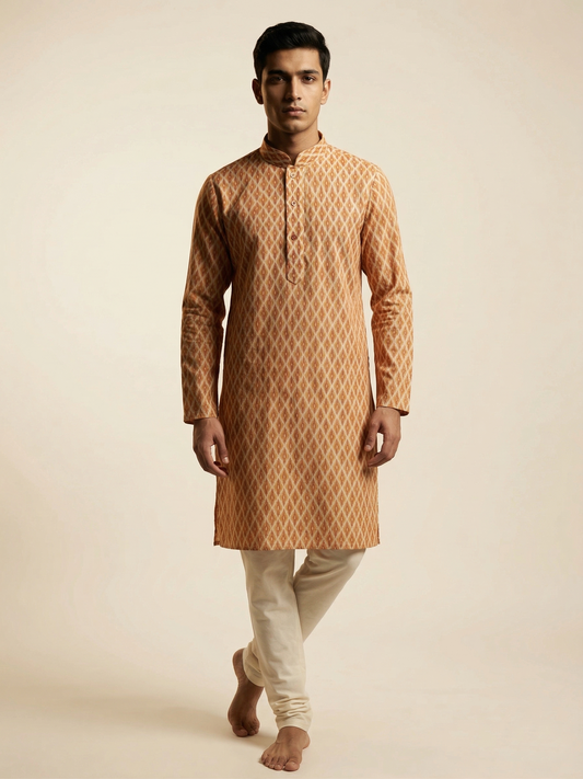 Orange Geometric Ikat-Print Kurta Set