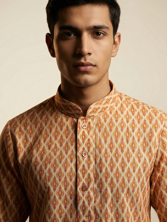 Orange Geometric Ikat-Print Kurta Set