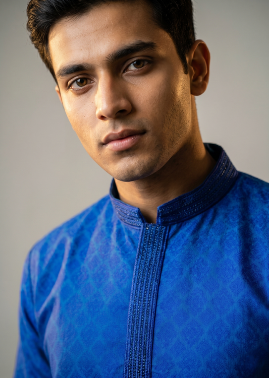 Blue Self-Design Jacquard Kurta with Embroidered Placket