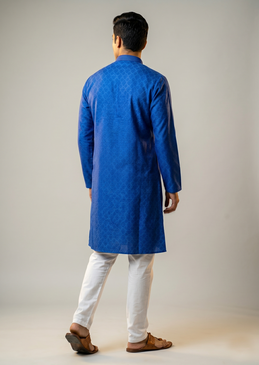 Blue Self-Design Jacquard Kurta with Embroidered Placket