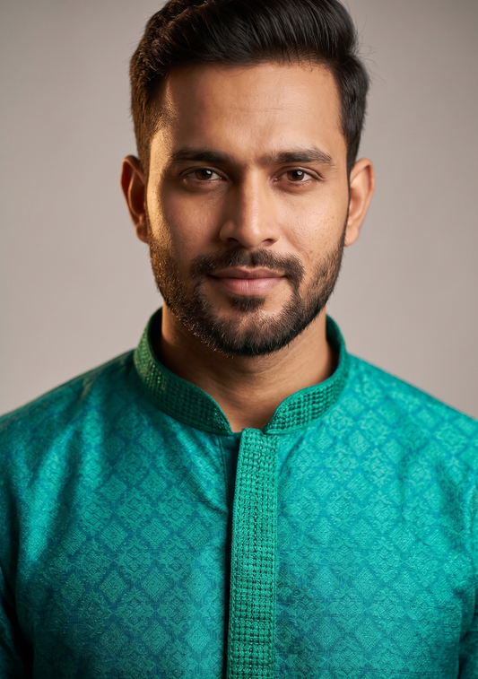 Green Self-Design Jacquard Kurta with Embroidered Collor