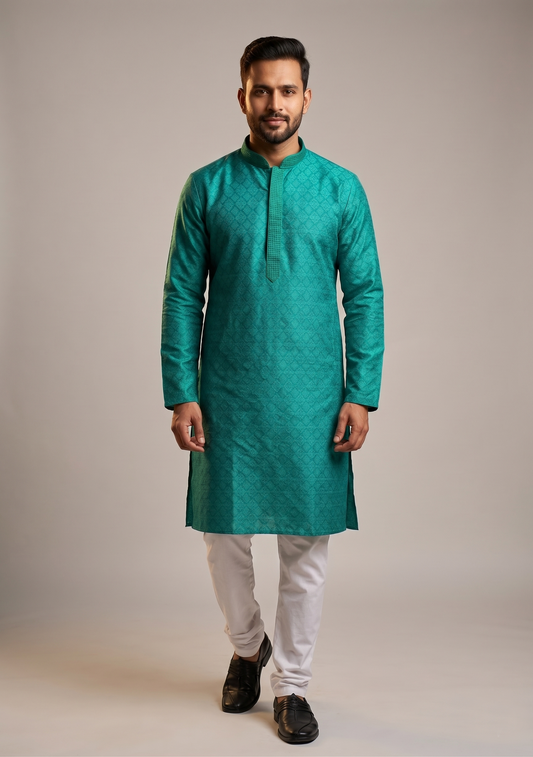 Green Self-Design Jacquard Kurta with Embroidered Collor