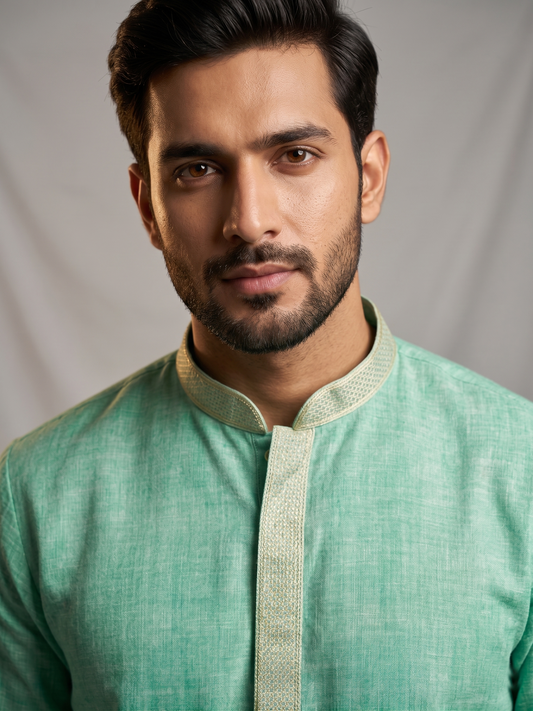 Green Slub Kurta with Delicate Embroidered Collor