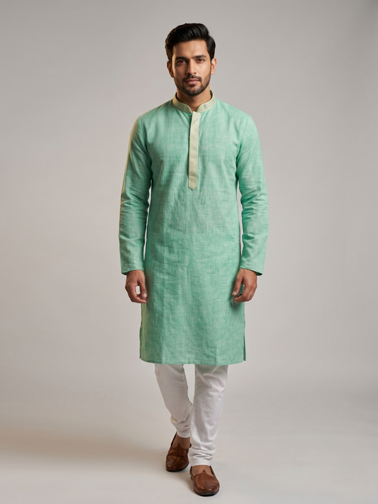 Green Slub Kurta with Delicate Embroidered Collor