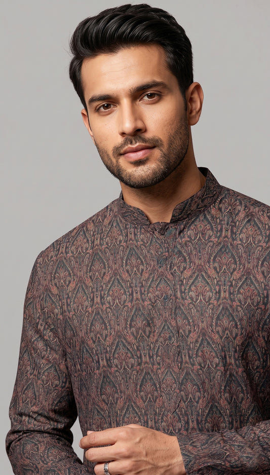 Blue Self-Textured Printed Kurta