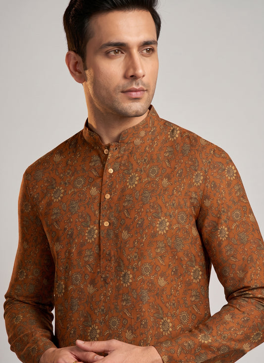 Rust Self-Textured Printed Short Kurta
