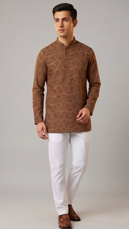 Brown Ajrakh-Inspired Micro-Geometric Printed Kurta