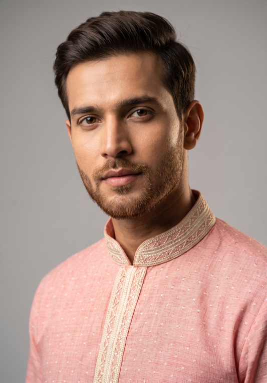 Pink Textured Festive Kurta with Cream Embroidered Neckline