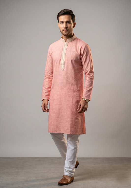 Pink Textured Festive Kurta with Cream Embroidered Neckline