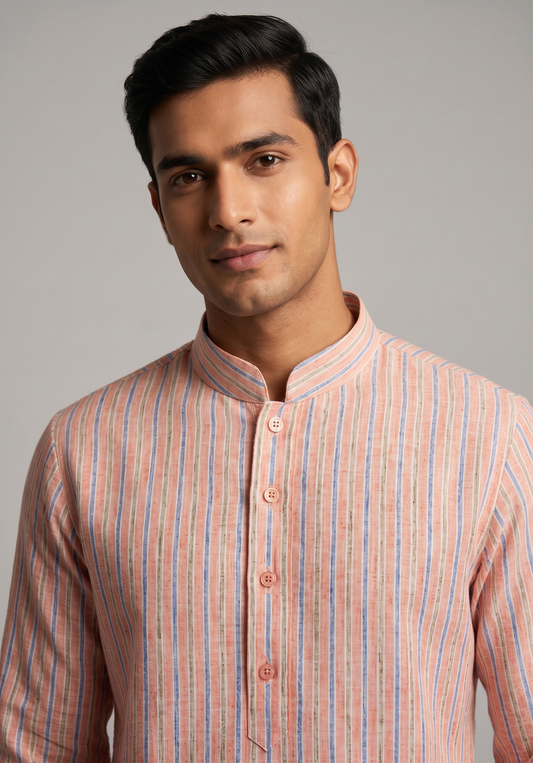 Multi-Stripe Linen-Look Casual Kurta