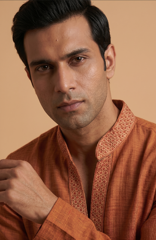 Orange Kurta with Embroidered Placket