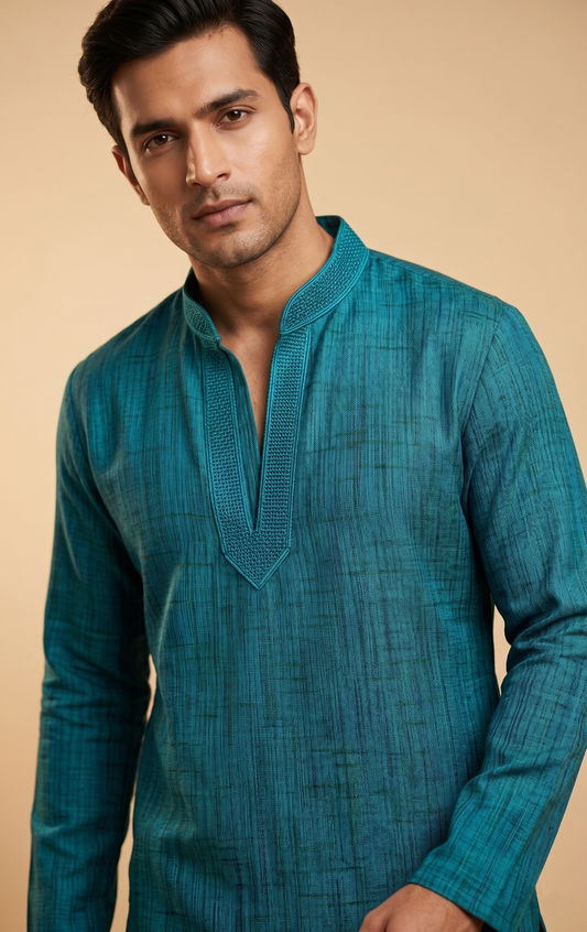 Rama Green Short Kurta with V-Neck Embroidered Placket