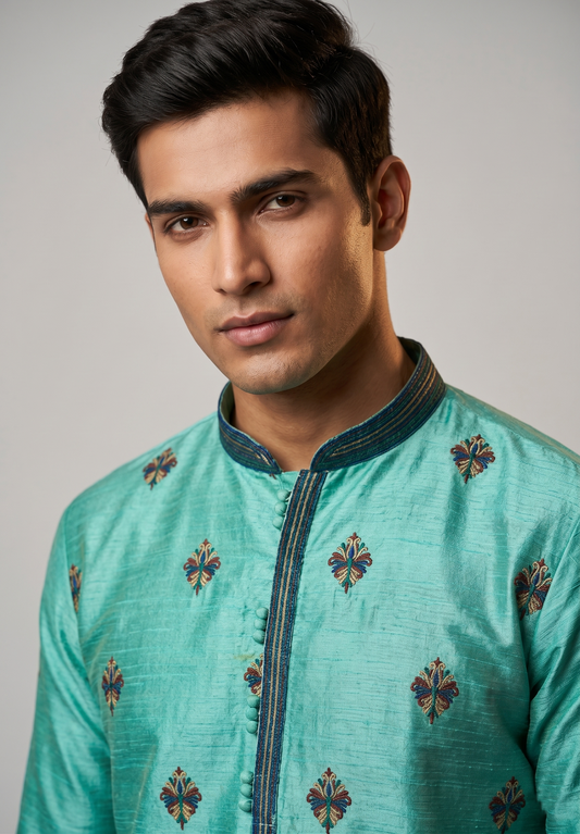 Sea Green Kurta with Multi-Color Butti Embroidery
