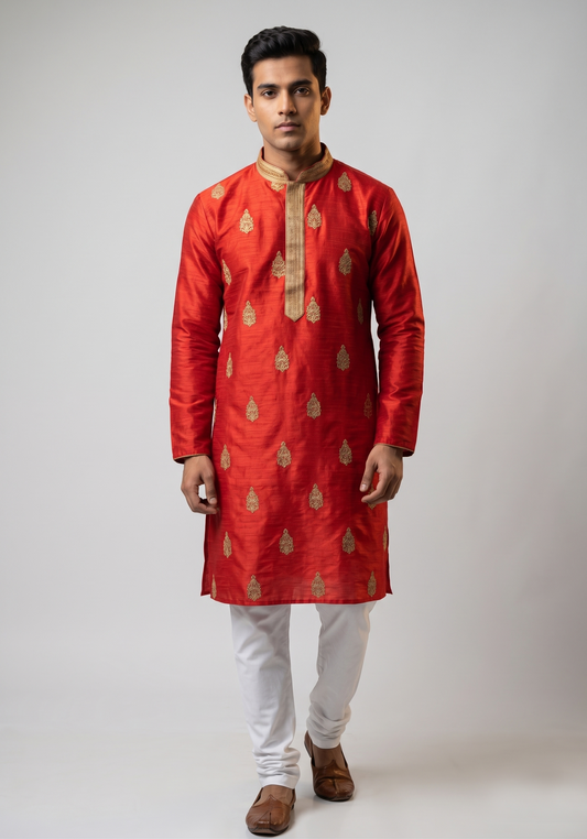 Crimson Red Kurta with Paisley Butti Embroidery