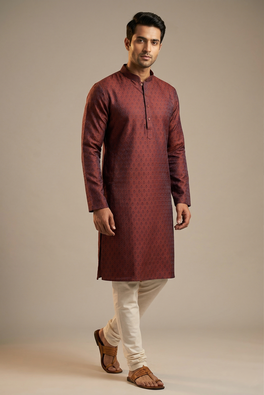 Deep Maroon Self Jacquard Kurta Set