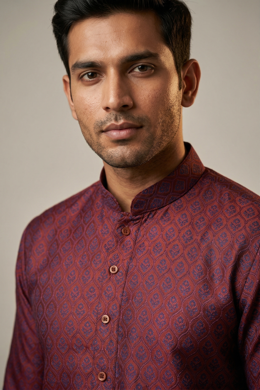 Deep Maroon Self Jacquard Kurta Set
