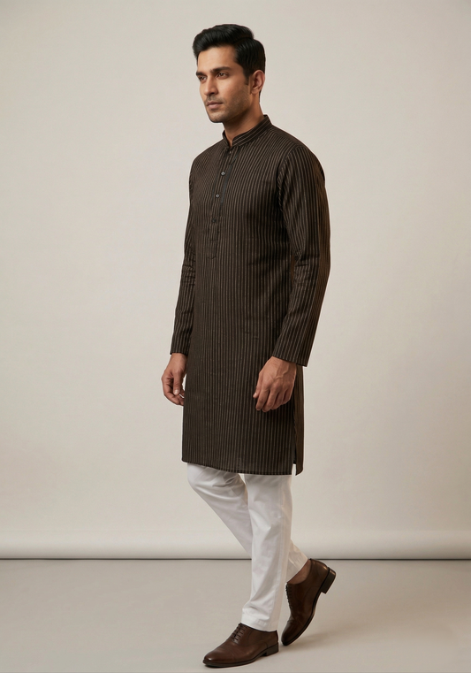 Black Pinstripe Slub Kurta Set