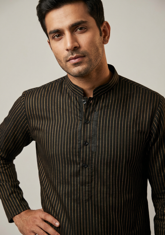 Black Pinstripe Slub Kurta Set