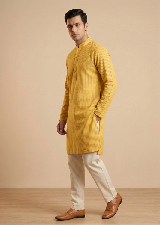 Bright Mustard Yellow Pinstripe Slub Kurta Set