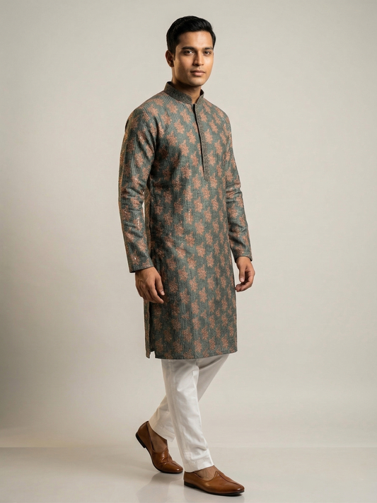 Floral-Print Festive Kurta Set with Embroidered Collar
