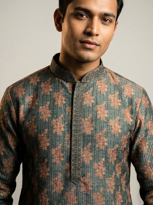 Floral-Print Festive Kurta Set with Embroidered Collar