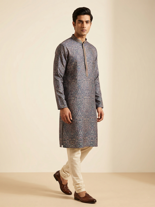 Indigo Blue Persian-Floral Printed Kurta Set with Embroidered Collar