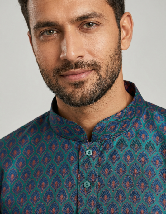 Men's Green Self Jacquard Kurta Set