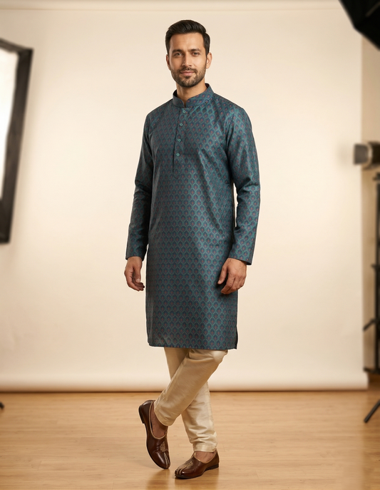 Men's Green Self Jacquard Kurta Set