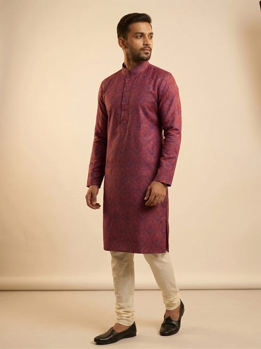 Maroon Jacquard Self Print Kurta Set