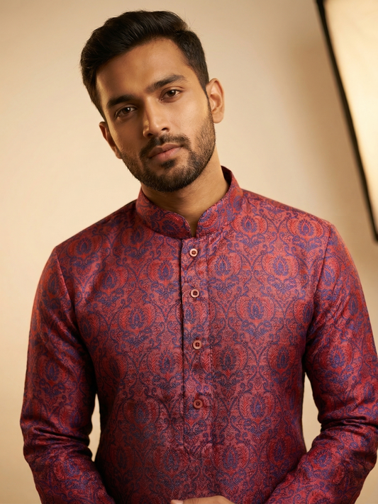 Maroon Jacquard Self Print Kurta Set