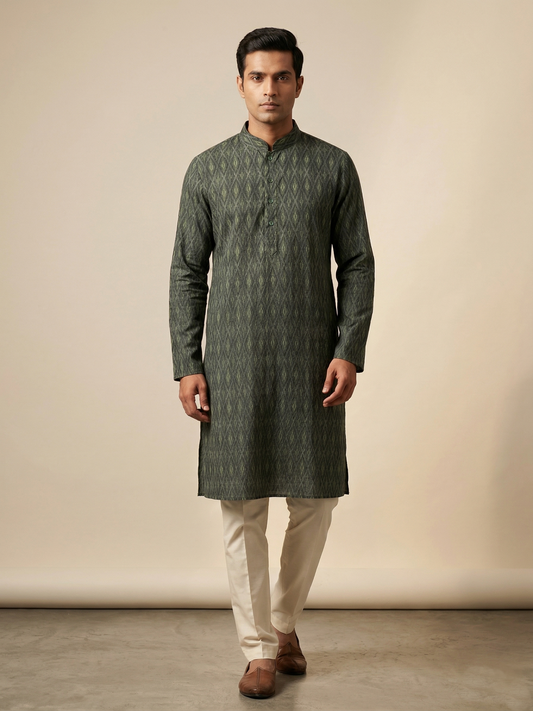 Olive Ikat Diamond Print Kurta Set