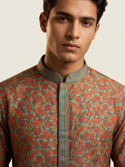 Paisley Kurta Set with Embroidered Collar