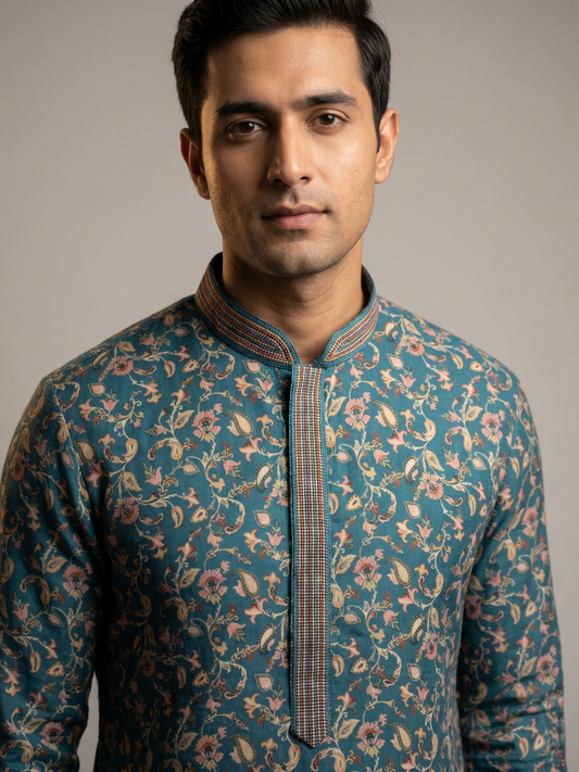 Teal Blue Printed Kurta Set