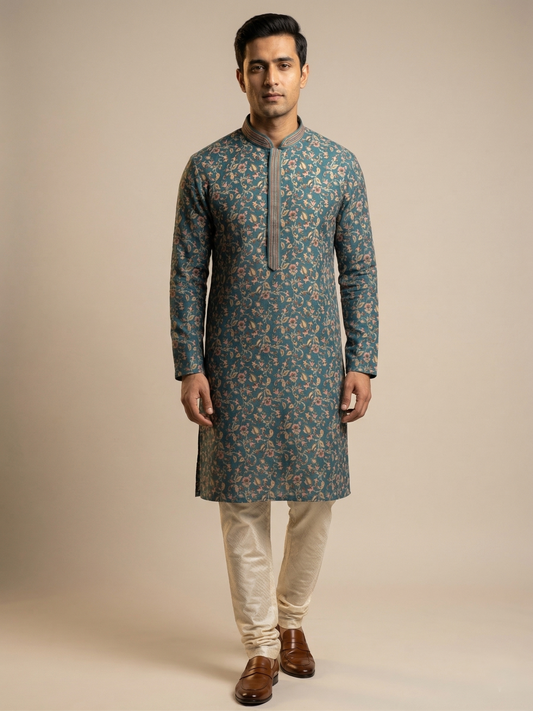 Teal Blue Printed Kurta Set