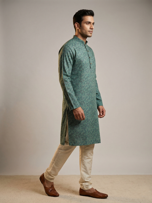 Teal Green Vintage Paisley Printed Festive Kurta Set