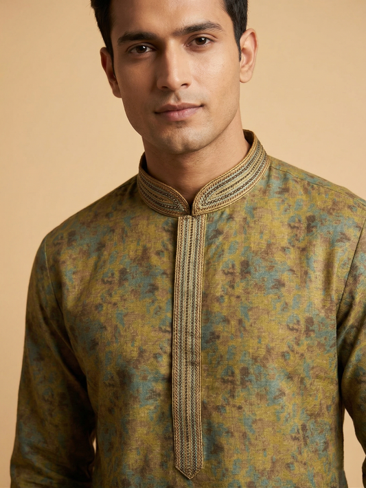 Mustard Abstract Print Festive Kurta Set with Embroidered Collar