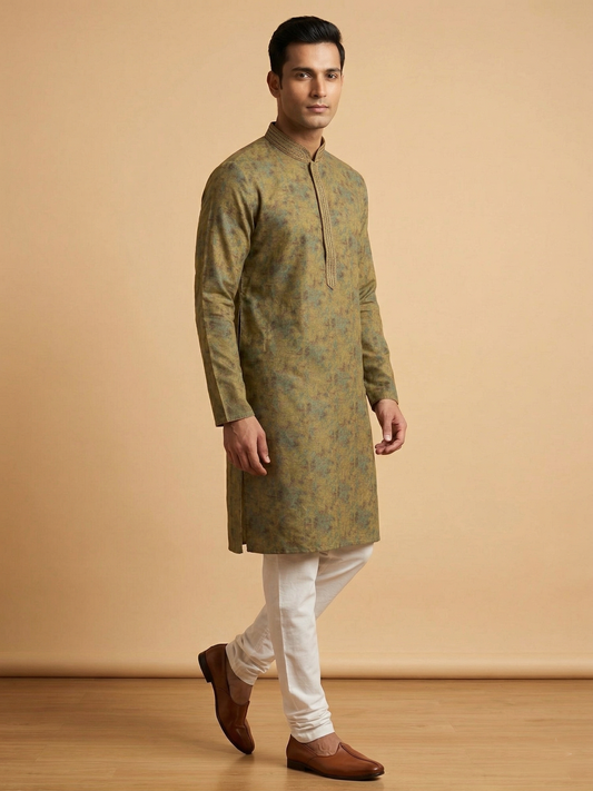 Mustard Abstract Print Festive Kurta Set with Embroidered Collar
