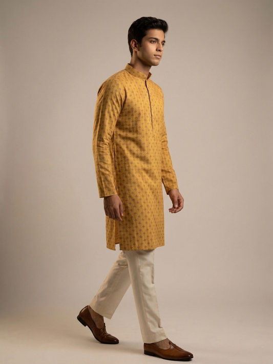 Mustard Gold Geometric Motif Textured Festive Kurta Set