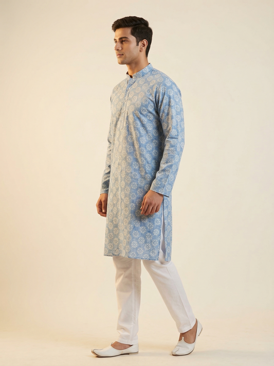 Powder Blue Floral Mandala Print Kurta Set