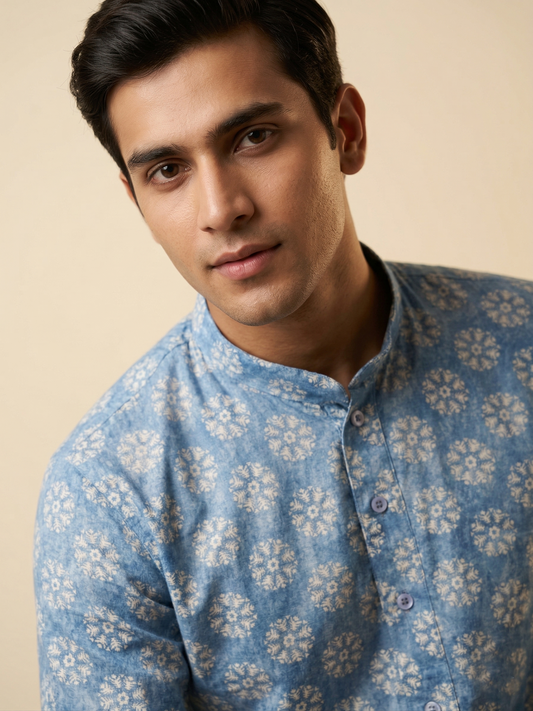 Powder Blue Floral Mandala Print Kurta Set