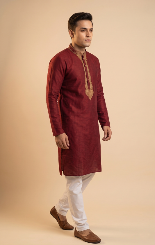Maroon Kurta with Embroidered Neckline