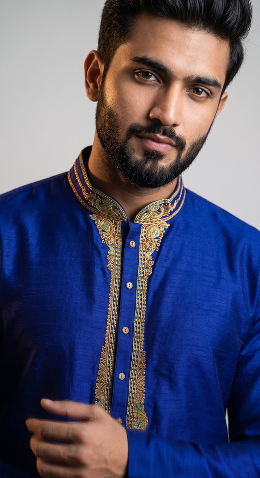 Royal Blue Kurta with Embroidered Neckline