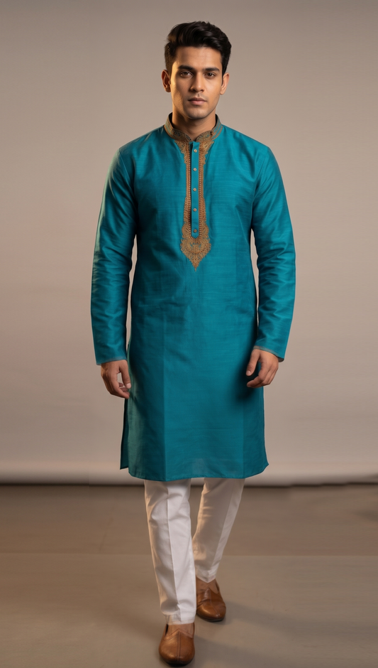 Turquoise Blue Kurta with Embroidered Neckline